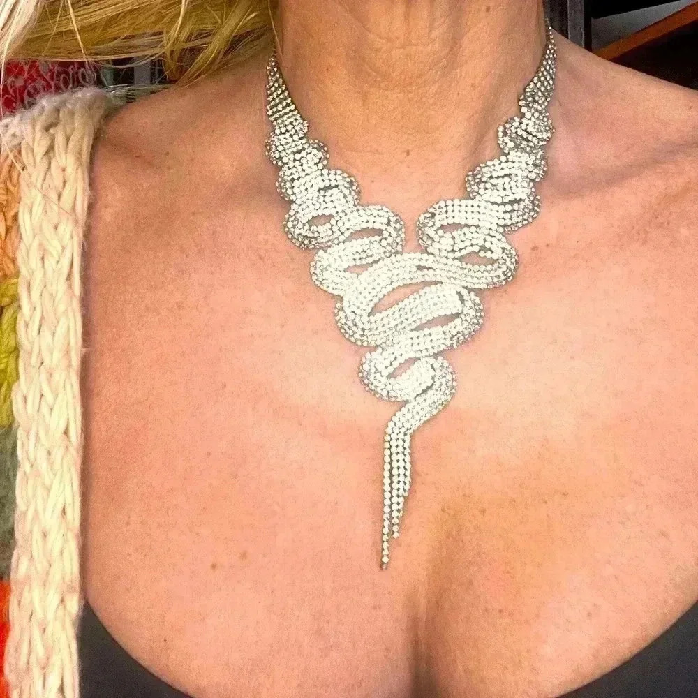 Vintage Rhinestone diamond Snake Bling Mesh Chain choker Necklace 53g